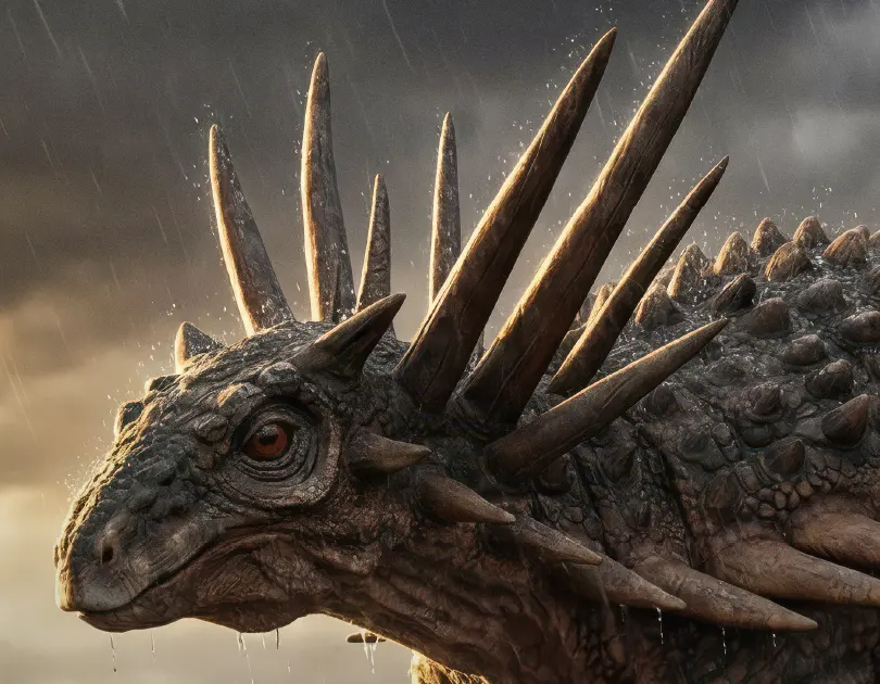 Les armes des dinosaures — Le sujet principal, à la taille du fichier : on y lit l’écaille, la pointe et la goutte de pluie.