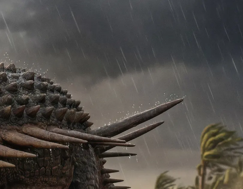 Les armes des dinosaures — Le dos et les piques du même animal, sous la pluie.