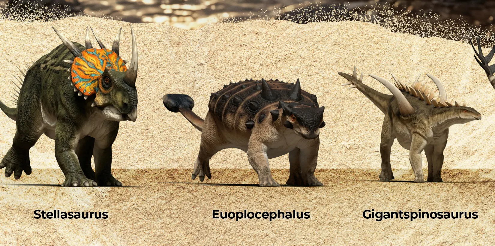 Les armes des dinosaures — Trois des six espèces de la bande basse, chacune légendée.