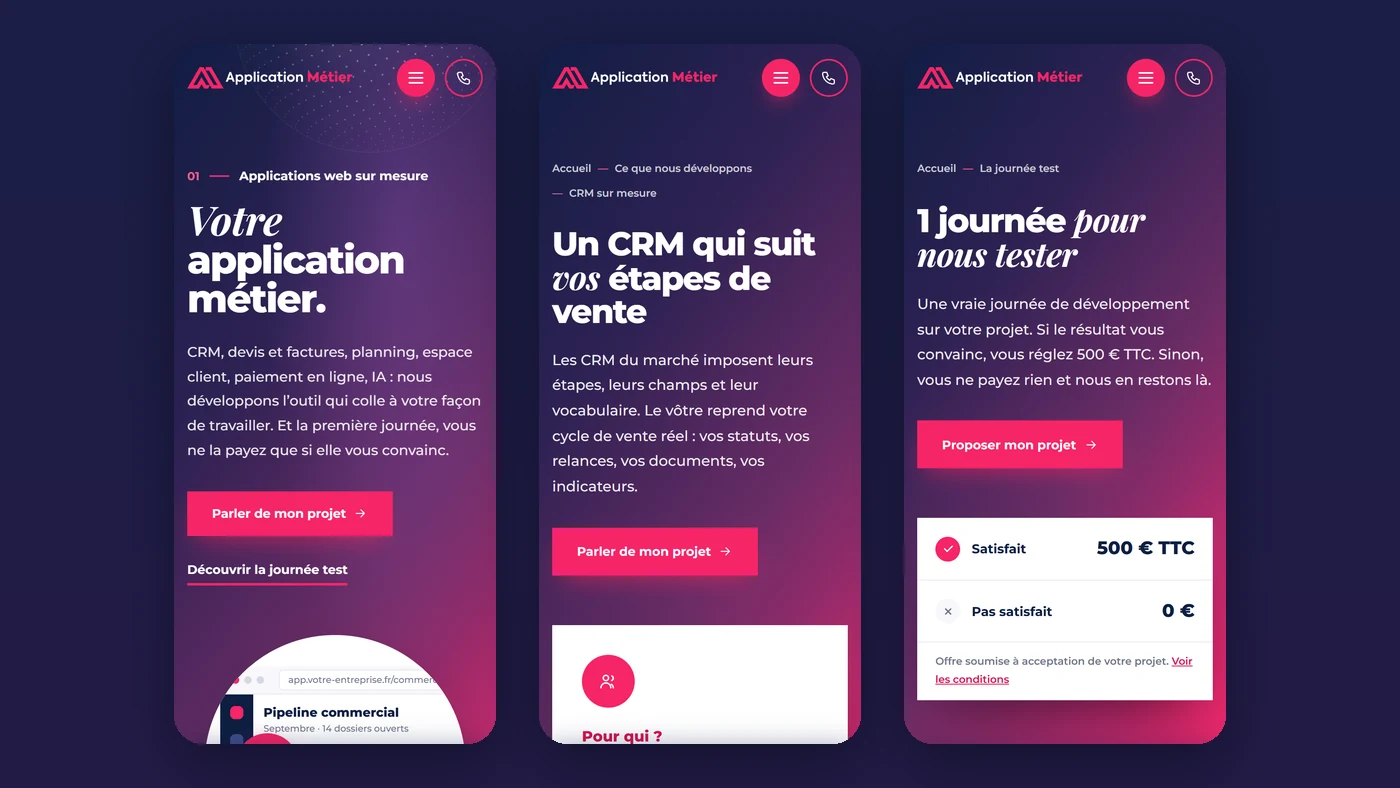 Trois pages sur téléphone : l’accueil, le CRM sur mesure et la journée test