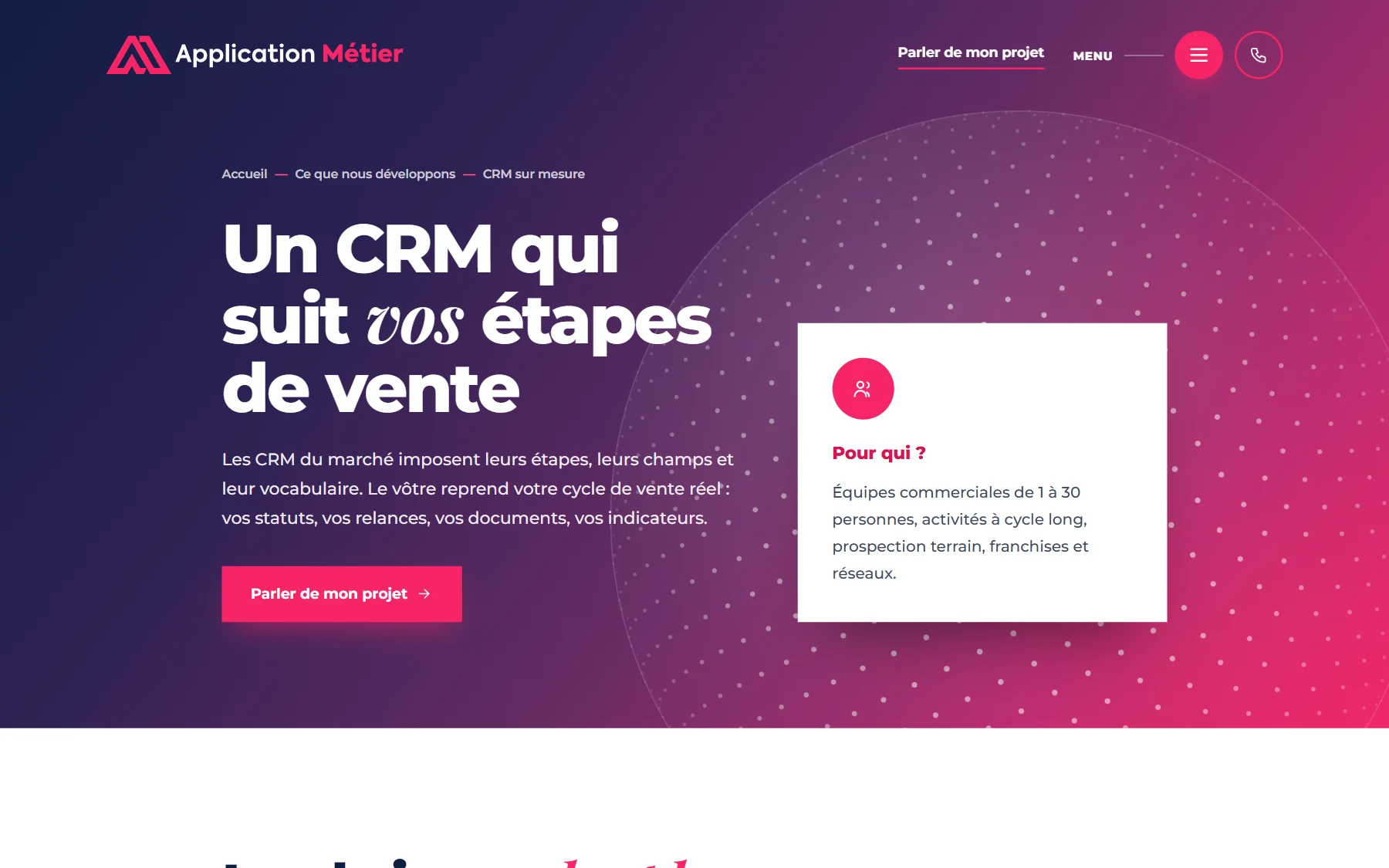 La page « CRM sur mesure » : un CRM qui suit vos étapes de vente