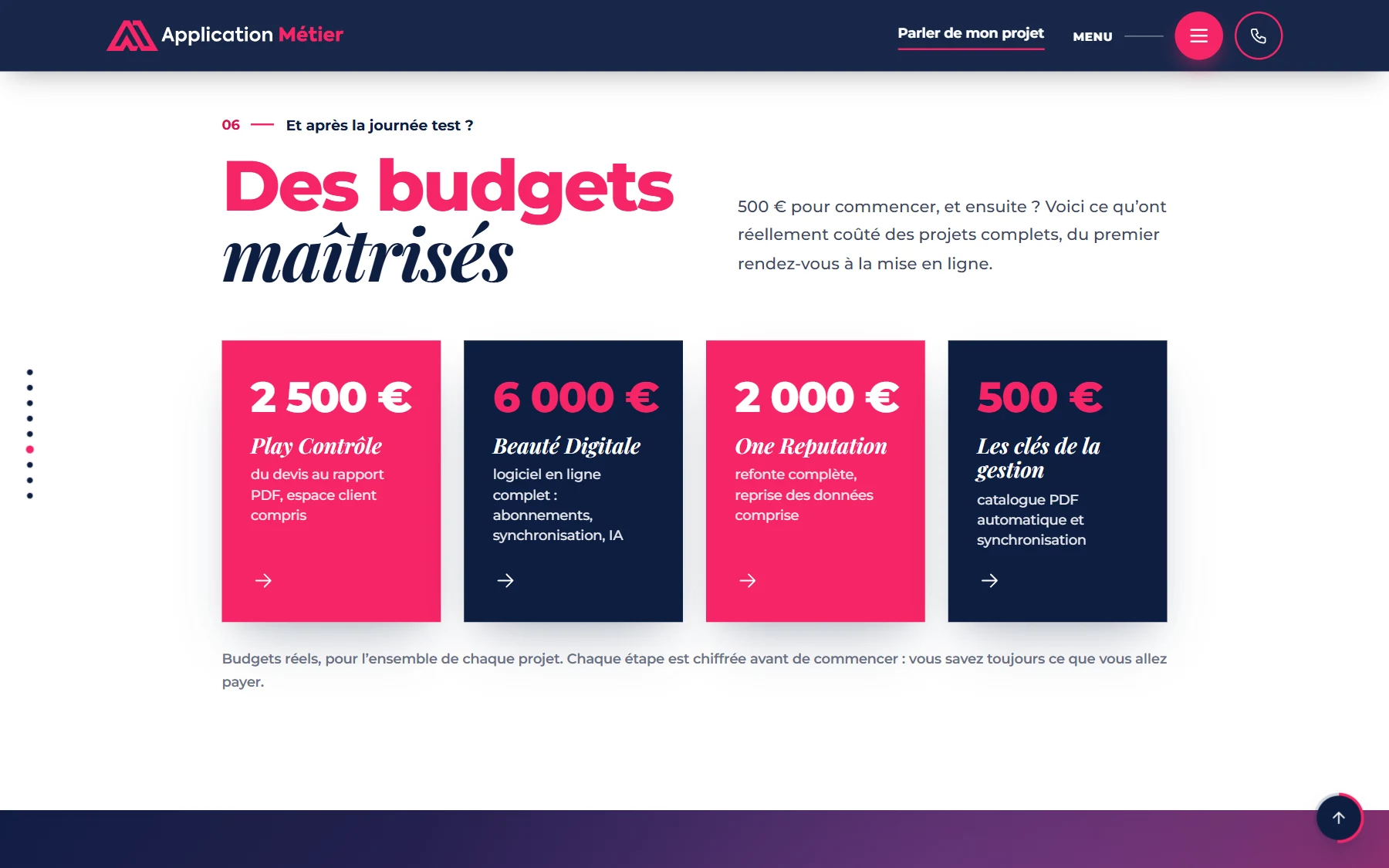La section des budgets : quatre projets réels, de 500 € à 6 000 €
