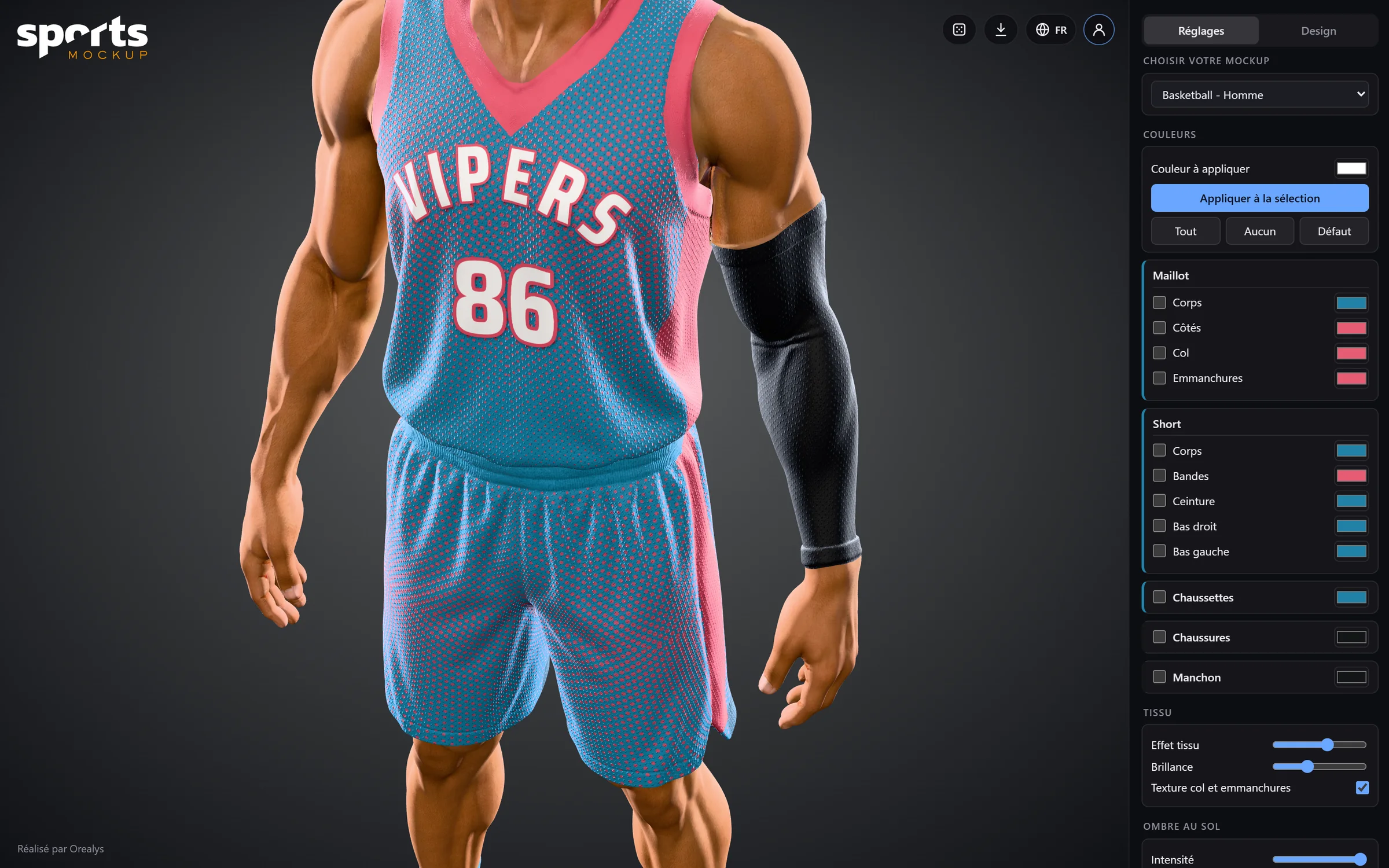 L’interface de Sports Mockup : le maillot vu de près et d’en haut, à côté du panneau des couleurs