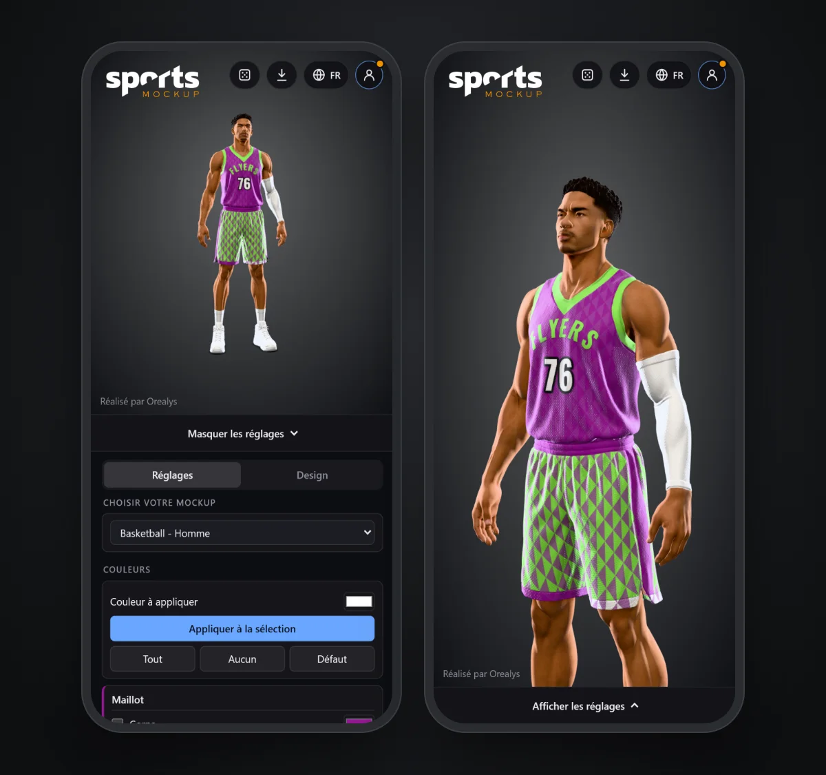 Sports Mockup sur téléphone : les réglages ouverts sous le joueur, puis réglages masqués, joueur tourné et rapproché