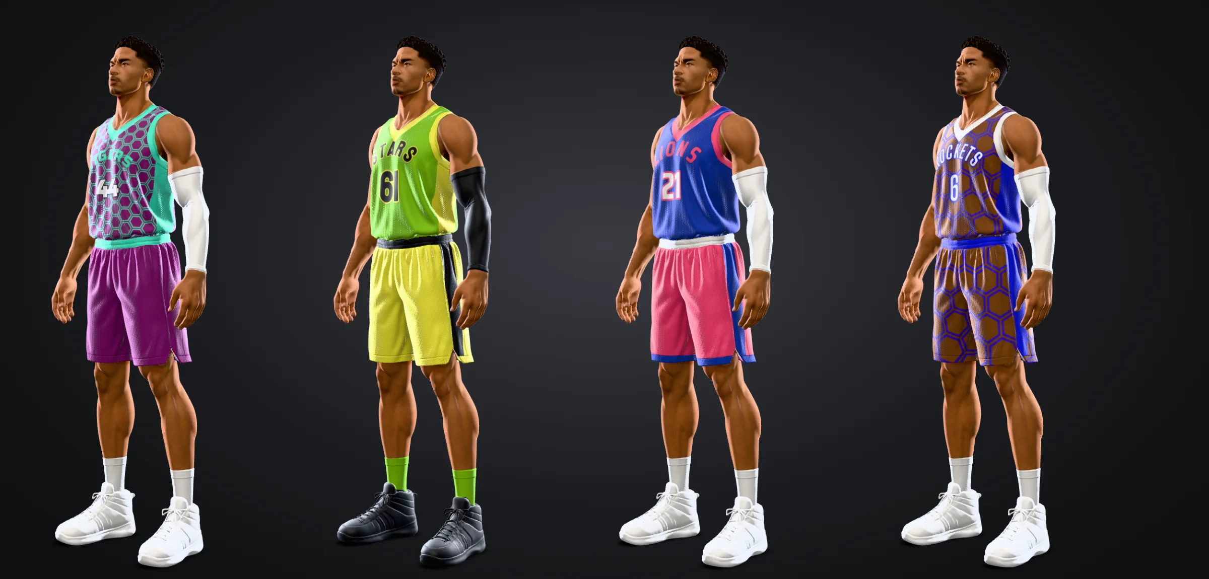 Quatre tenues vues de trois quarts