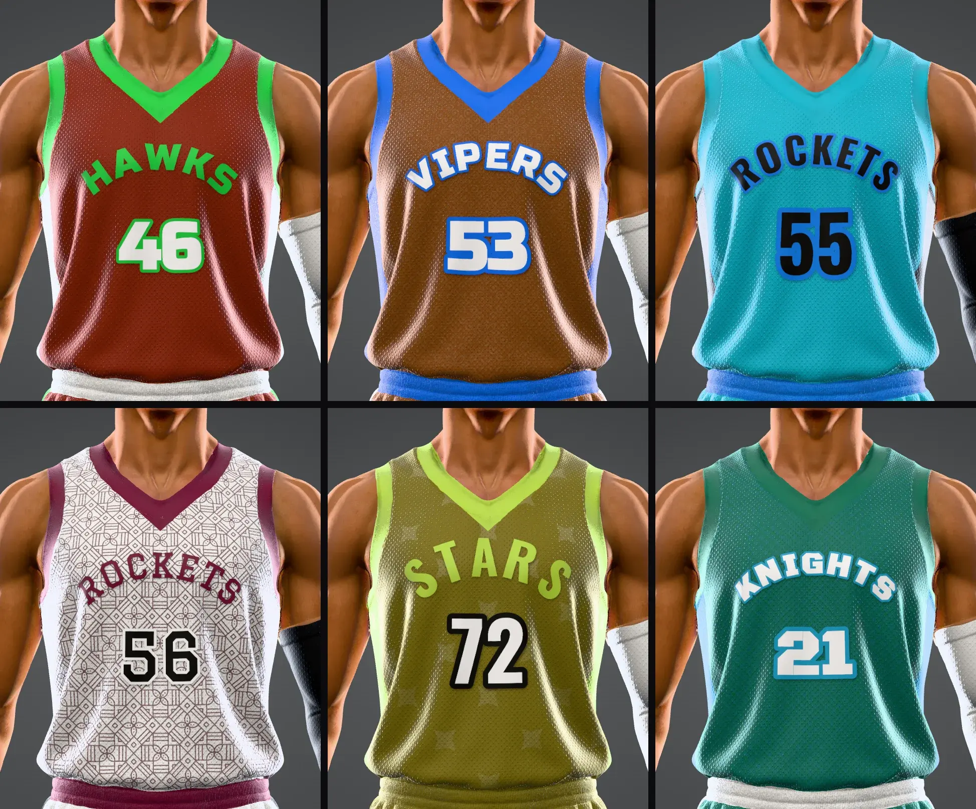 Six maillots composés par le générateur, six clics