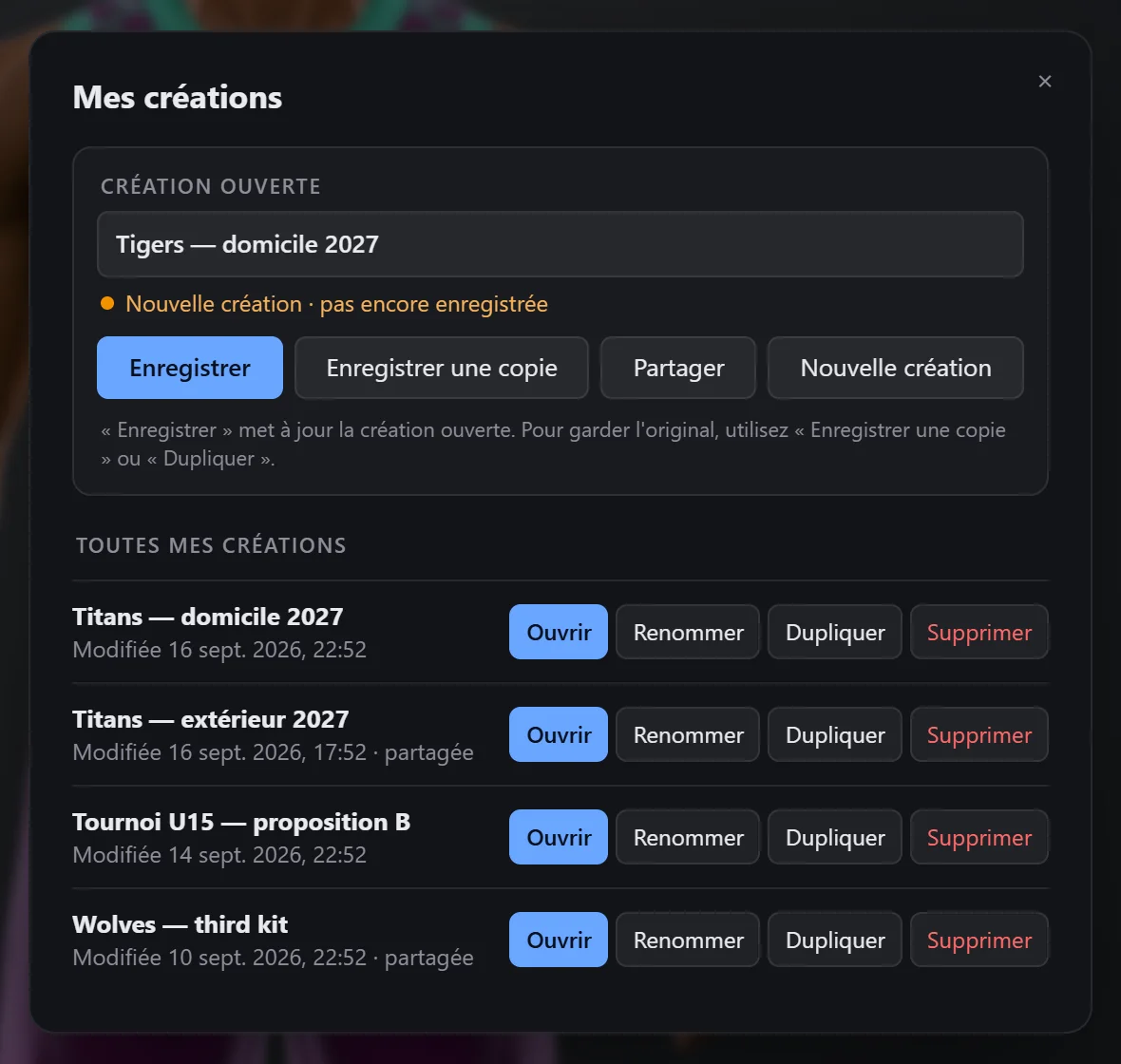 La fenêtre Mes créations : création ouverte, état d’enregistrement et liste des créations