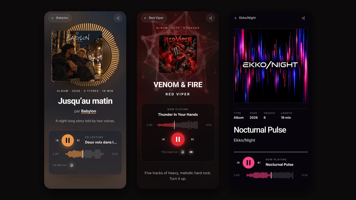 Trois sites WowRadar sur téléphone : Babylon en Immersive, Red Viper en 3D, Ekko/Night en Minimal